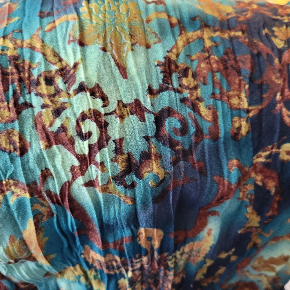 Violet & Claire Sheer Crinkle Blouse Green Teal Brown Tie at Cuffs Fringe XL - Picture 12 of 12